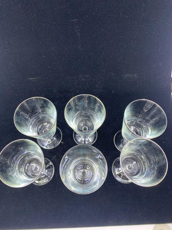 6 FOOTED GLASS WITH SILVER RIM WATER GOBLETS.