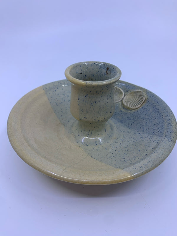 POTTERY TAPERED CANDLE HOLDER CREAM/BLUE.