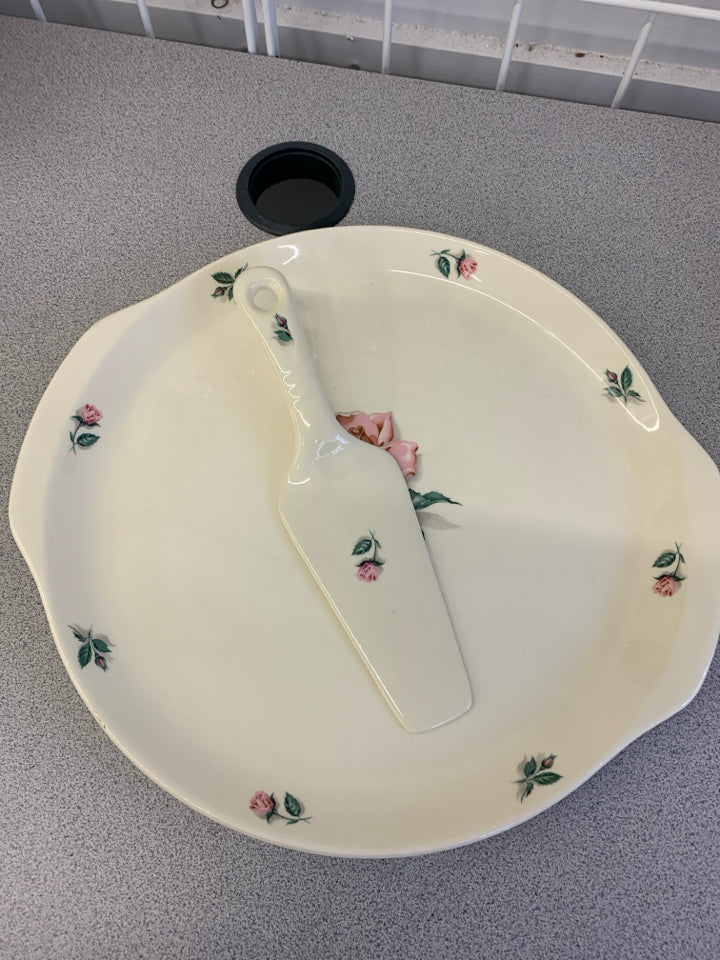 BALLERINA ROSE PATTERN CAKE PLATE W/ 6 SERVING PLATES AND SERVER.