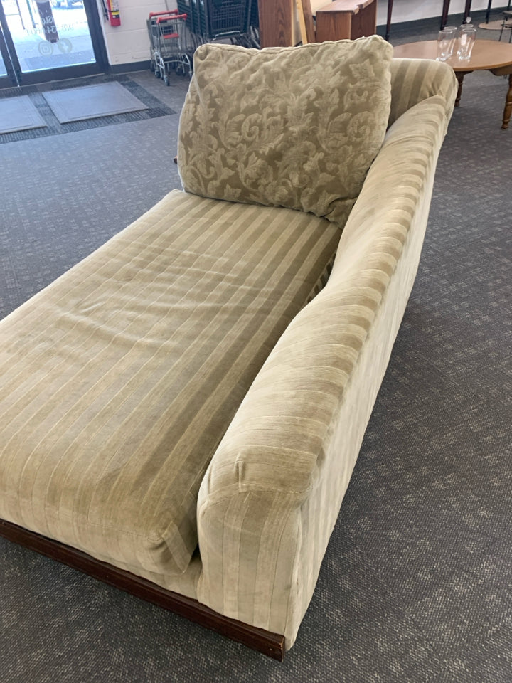 DARK WOOD TAN UPHOLSTERED FOOTED CHAISE LOUNGE.