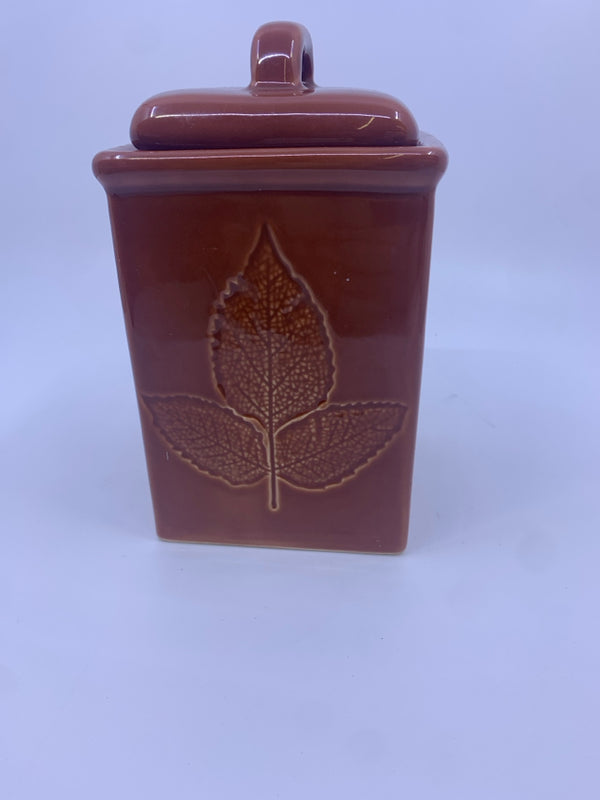 SMALL RED LEAF CERAMIC CANISTER.