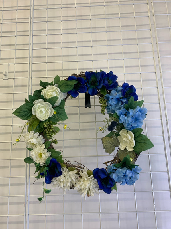 BLUE AND WHITE FLOWERS TWIG WREATH.