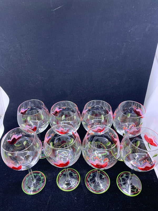 8 PINK AND RED PAINTED FLOWER WINE GLASSES.